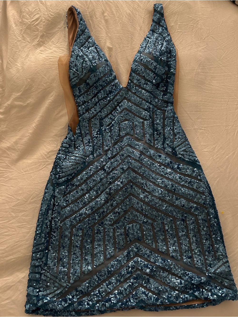 Jovani Teal Blue Sequin Plunge Mini Dress